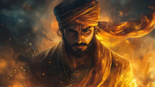 Fiery warrior portrait radiates power, resolve, and mystery.