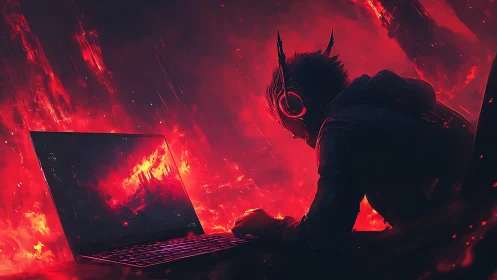 Night gamer diving into a neon inferno of digital focus.