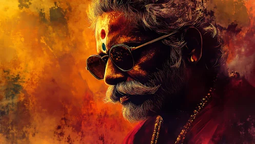 Mystic elder portrait in fiery textured digital paint.