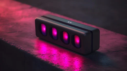 Modern wireless speaker with vibrant pink LED lights, moody setting.