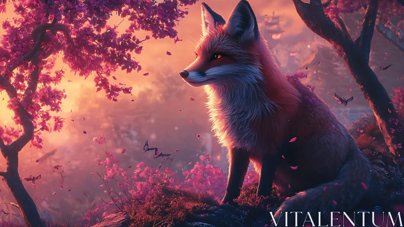 Volumetric backlit fox under magenta blossoms in sunset glade
