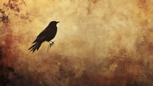 Silhouetted songbird against textured sepia sky plane.