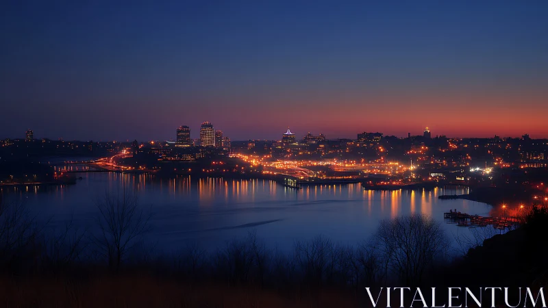 Evening city shoreline glows gently against deep blue sky