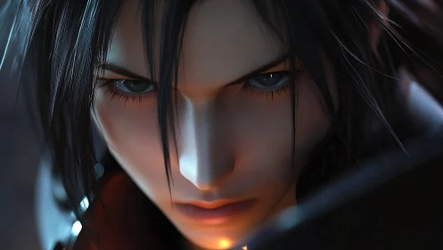 Intense close up of blue eyed anime warrior face.