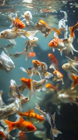 Colorful koi fish school glides through softly lit aquarium water