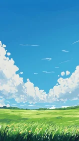 Skywide summer meadow under soaring cotton clouds dreamscape.