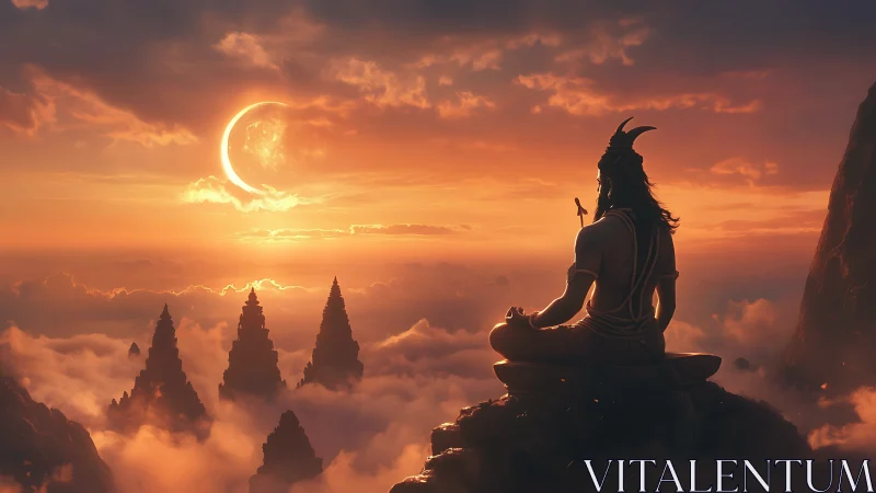 Seated figure observes crescent sun over clouded peaks