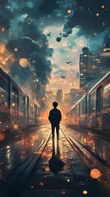 Lone traveler stands between city trains at fiery dusk.