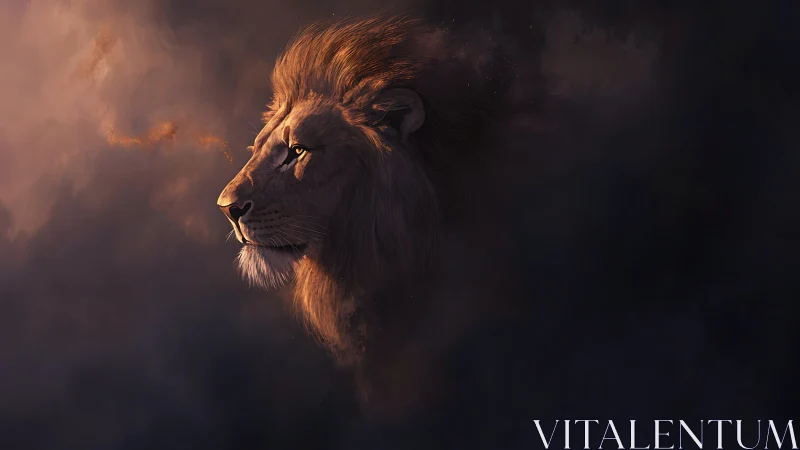 Digital painting profile study of lion emerging from shadowed haze.