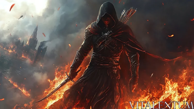 Hooded ranger strides through inferno with flaming skyline.