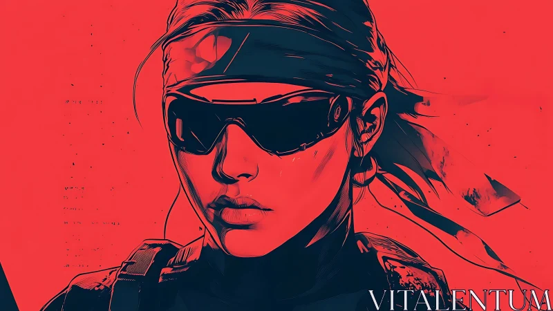 Tactical portrait of soldier in red-black duotone vector rendering