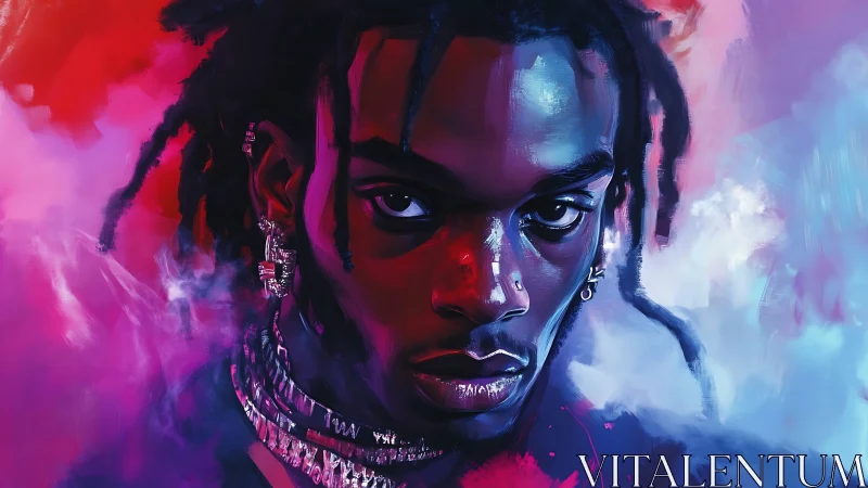 Digital portrait of male figure in neon red and blue light.