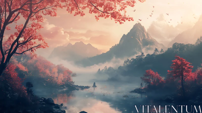 Serene red forest lake beneath misty sunrise mountains.
