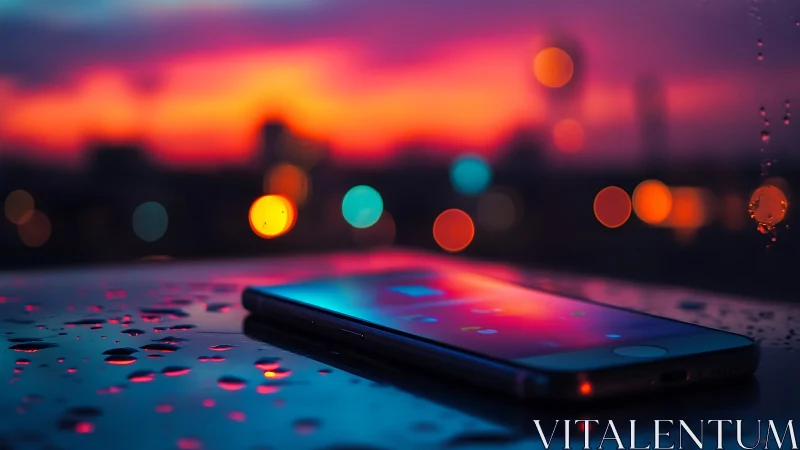 Smartphone on wet surface with neon bokeh at sunset hour