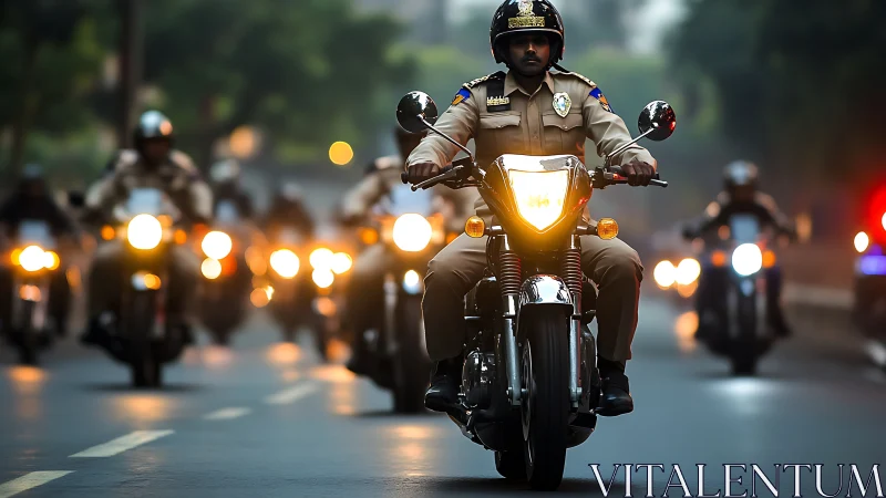 Motorcycle police convoy advancing through misty city street.