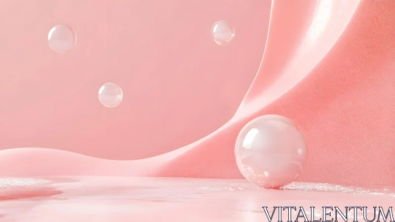 Soft Pink Surreal Abstract Scene with Floating Bubbles in 3D Style.