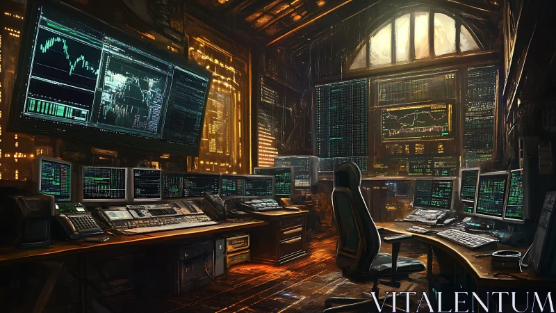 Quantitative cyber-trading command center with multi-display array.