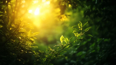 Sunlit forest branch with glowing golden bokeh effect, natural style.