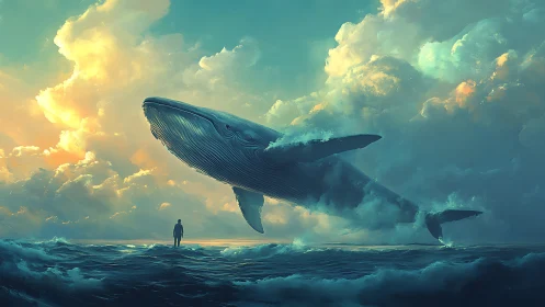 Majestic sky-whale soars above waves as a lone dreamer watches