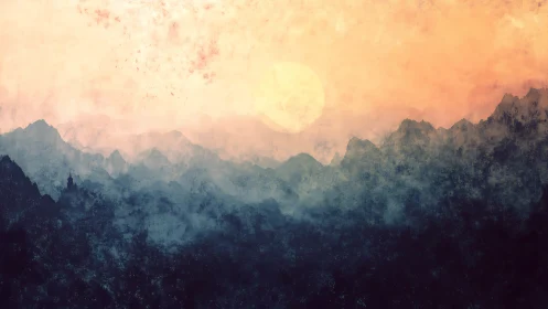 Textured atmospheric mountain range under diffuse sunset glow