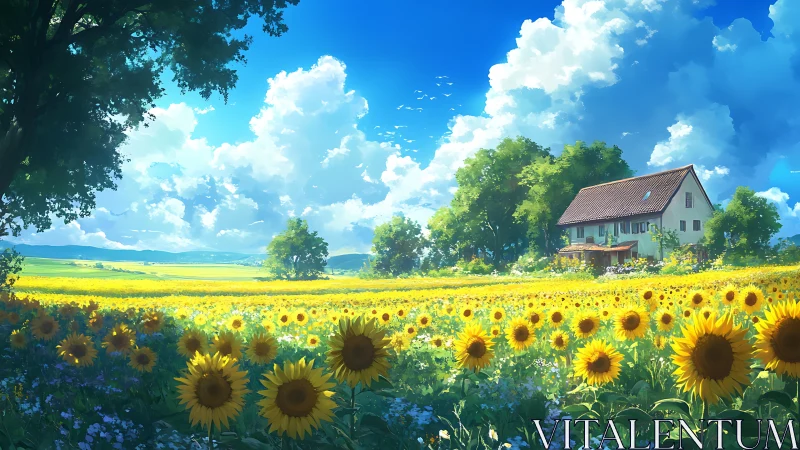 Sunlit agrarian homestead amid panoramic sunflower matrix.