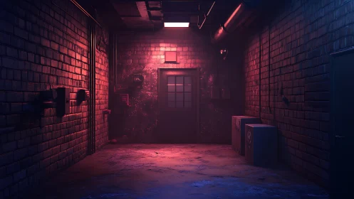 Moody industrial hallway glows in soft neon pink and blue