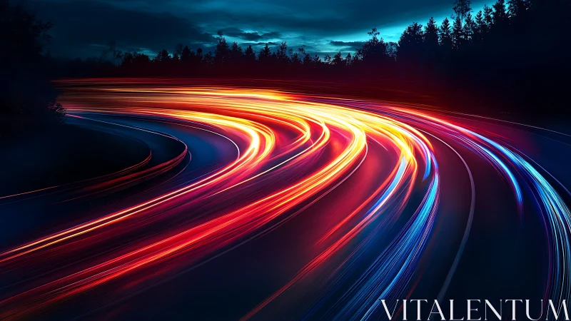 Long exposure light trails on forest highway at blue hour