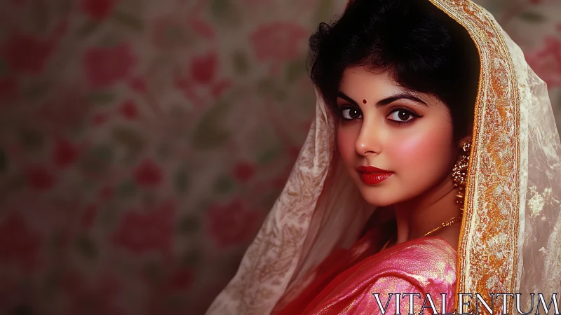 Photorealistic Indian bride portrait in pink silk sari.