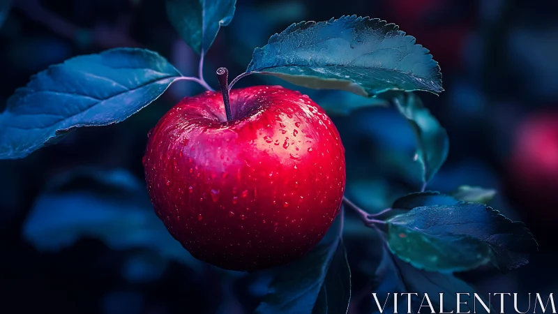 Ruby apple glows gently among cool midnight orchard leaves