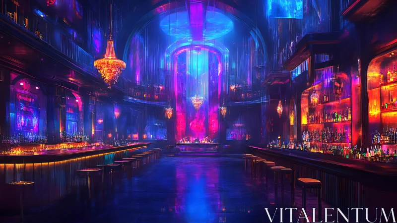 Neon lit futuristic bar interior with high vaulted ceiling.