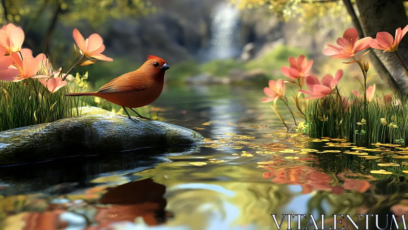 Digital songbird poised on mossy stone beside reflective stream