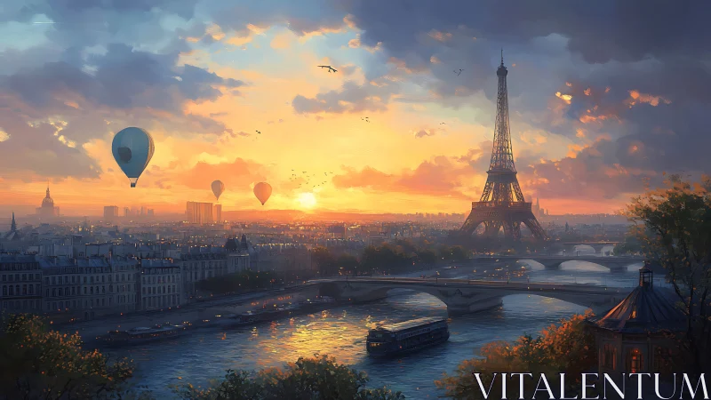Paris sunset skyline with Eiffel Tower and hot air balloons.