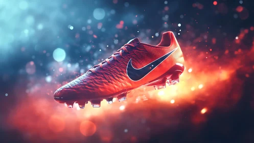 Dynamic red football boot in cinematic bokeh lighting.