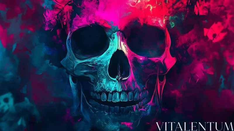 Skull rendered in neon cyan and magenta digital abstraction.