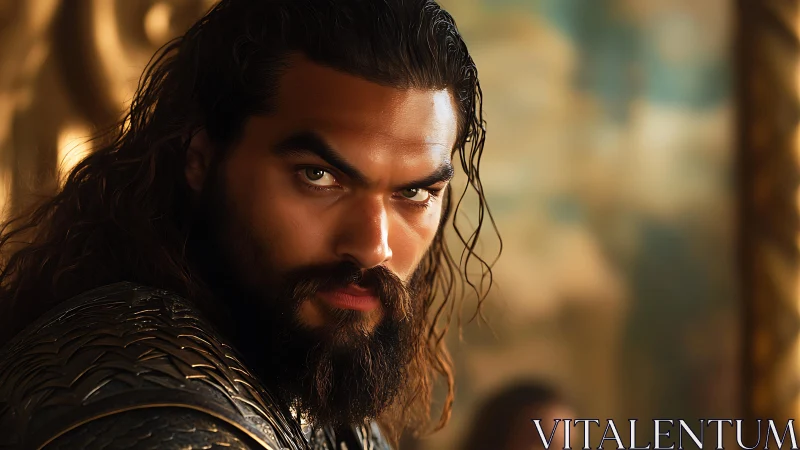 Warrior’s intense gaze under golden cinematic lighting.