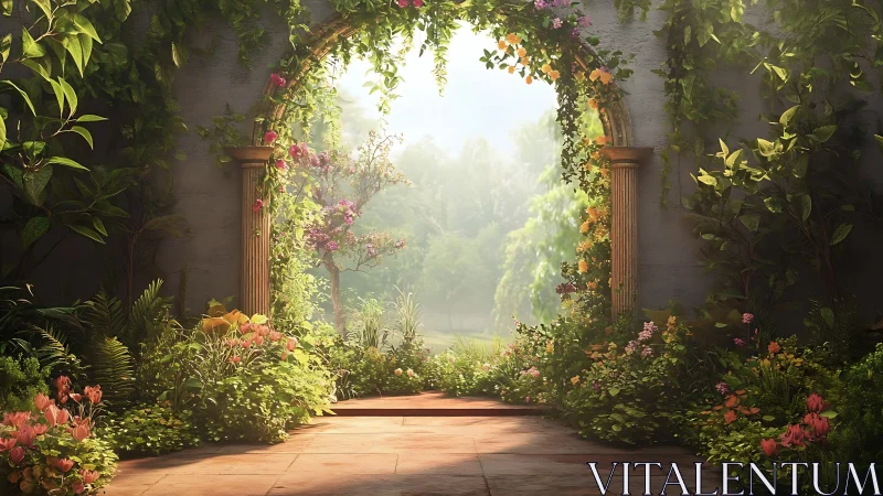 Sunlit garden archway opens onto a dreamy lush meadow.