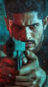 Locked‑on gunslinger framed in teal fire and red fury.