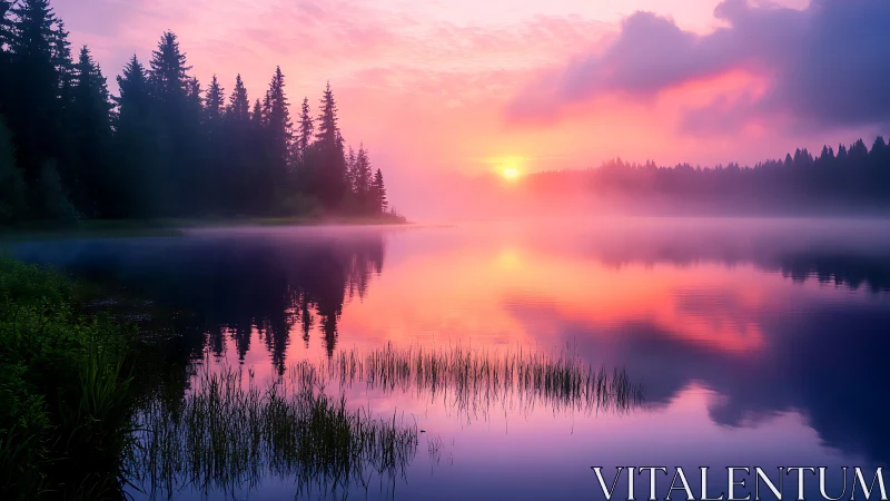 Sunset illuminates a forested lake with mirrored reflections