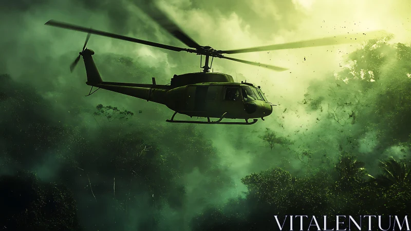 Helicopter gliding through misty jungle light and swirling fog.