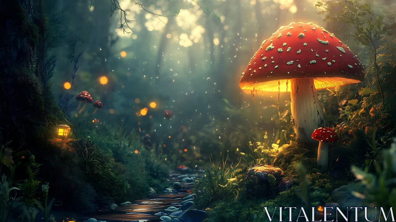 Giant glowing red mushroom illuminates dense forest creek