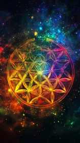Sacred flower of life mandala glows within a cosmic nebula.