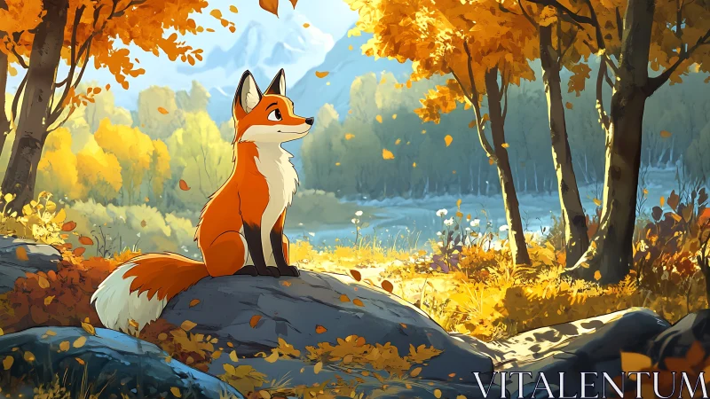 Fox observing autumn forest from sunlit rocky clearing.