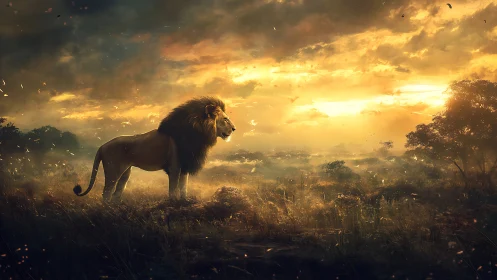 Digital painting of lion in atmospheric savanna sunset drama.