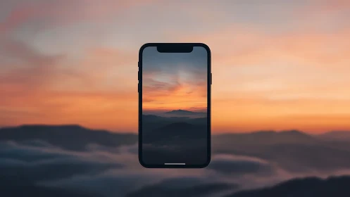 Smartphone-framed aerial dusk landscape with depth blending.