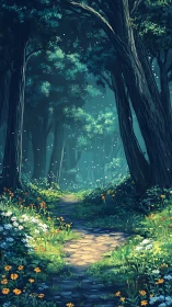Enchanted Forest Path with Towering Trees and Glowing Flora