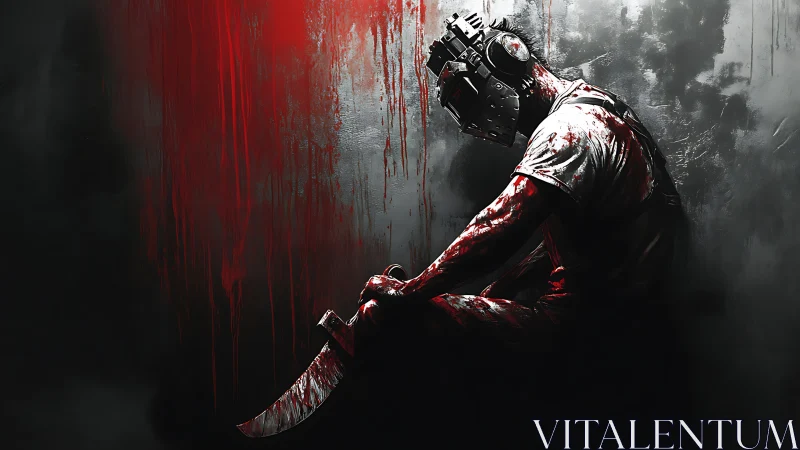 Brooding masked figure with bloodstained blade in shadowed room.