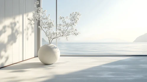 Minimalist Serenity: White Bloom Contemplates Infinite Horizon
