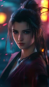 Neon blossom warrior watching the night market burn softly.