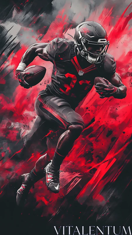 Football player sprints forward through red abstract streaks