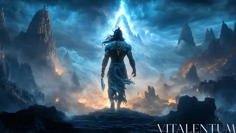 Storm-limned warrior strides into a sky-split mountain dawn